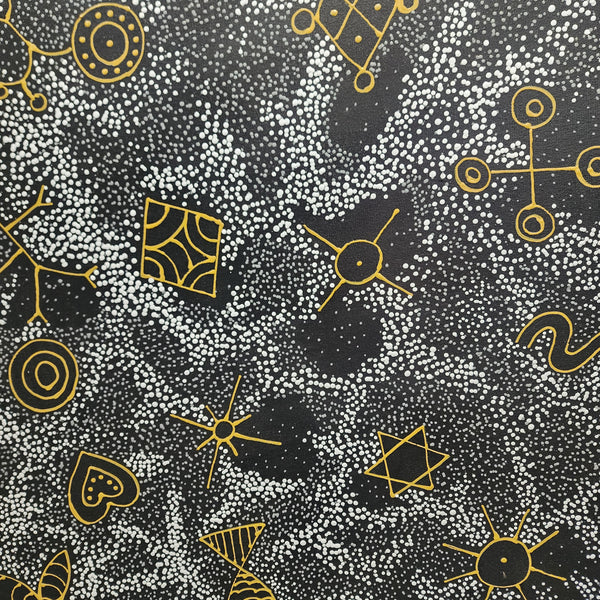 Forms in the Night - Dreamlike, whimsical Modern Dot Art Featuring Strange Forms Painted on a Meticulous, Dot Painted Background, Size 100x150cm