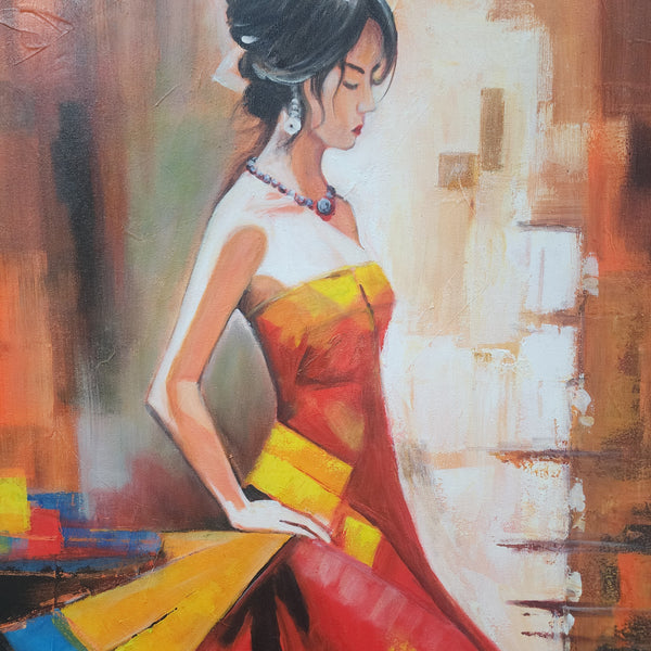 The Flamenco Dancer - Stunning Detailed Oil Painting Depicting a Beautiful Dancer in Red Dress, Suspended in Elegance Motion. Size 100x120cm