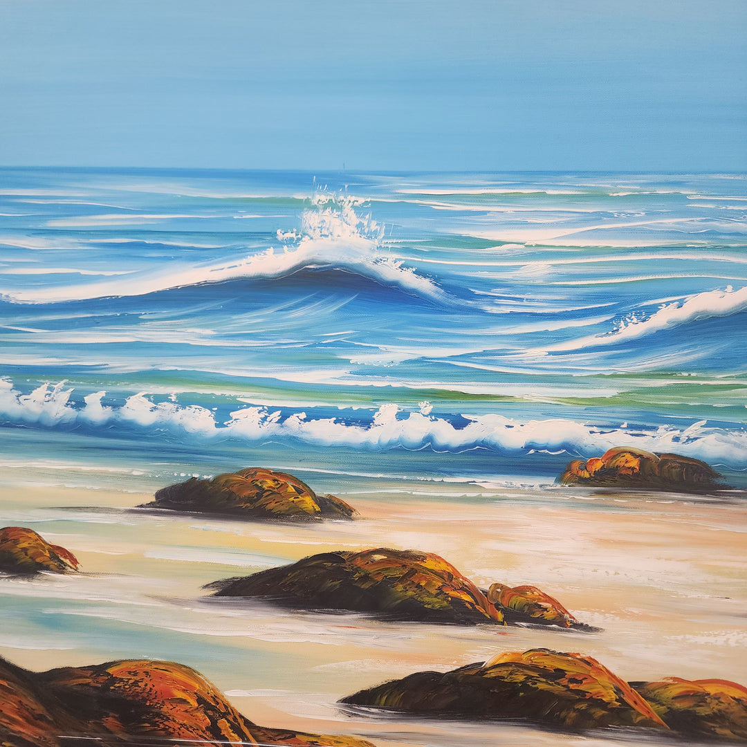 Beautiful Beach - Gorgeous Oil Painting of a Beach Finished with a White Frame, Size 90x120cm