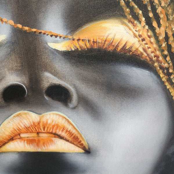 Gold Beauty - Intricately Detailed, Powerful Portrait of a Woman Adorned with Gold Accessories, Size 100x150cm