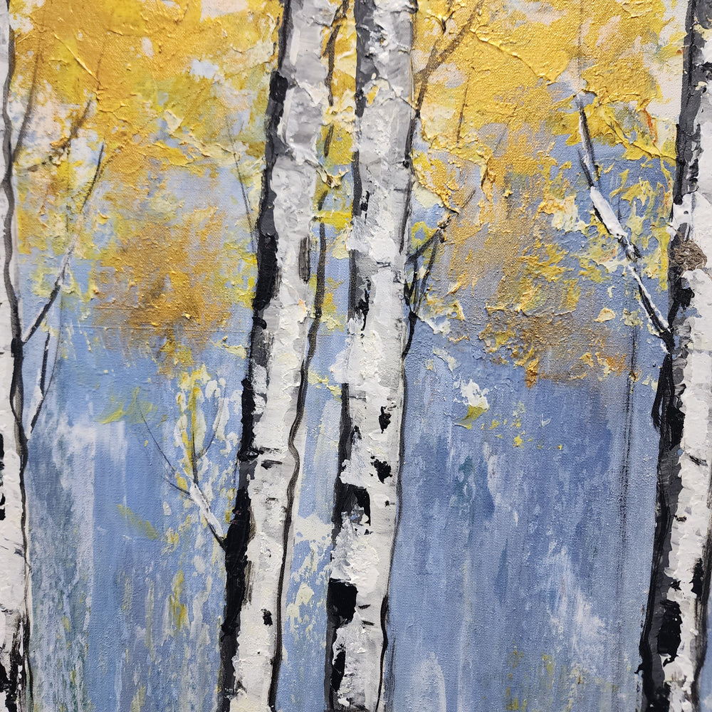 Golden Birch Serenity: Hand-Painted Textured Forest, Size 80x150