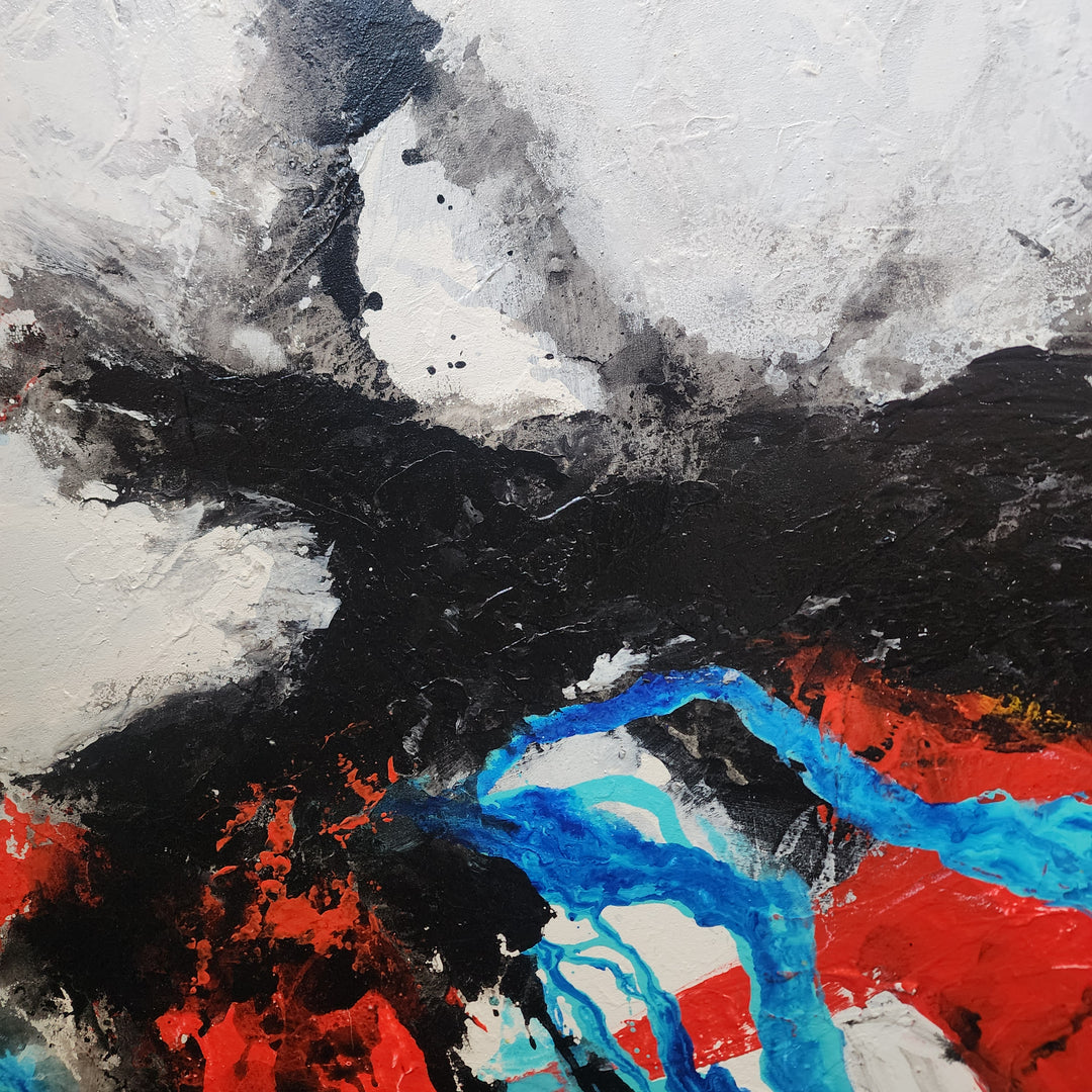 Colour Suppression - Modern Abstract Art Featuring Bold Colours Coalescing Under a Stark Black Forms, Size 100x150cm