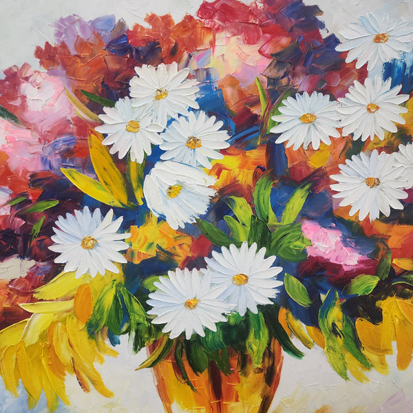 Floral Bouquet - Stunning, Colourful, and Highly Textural Depiction of Flowers in a Vase, Size 90x120cm