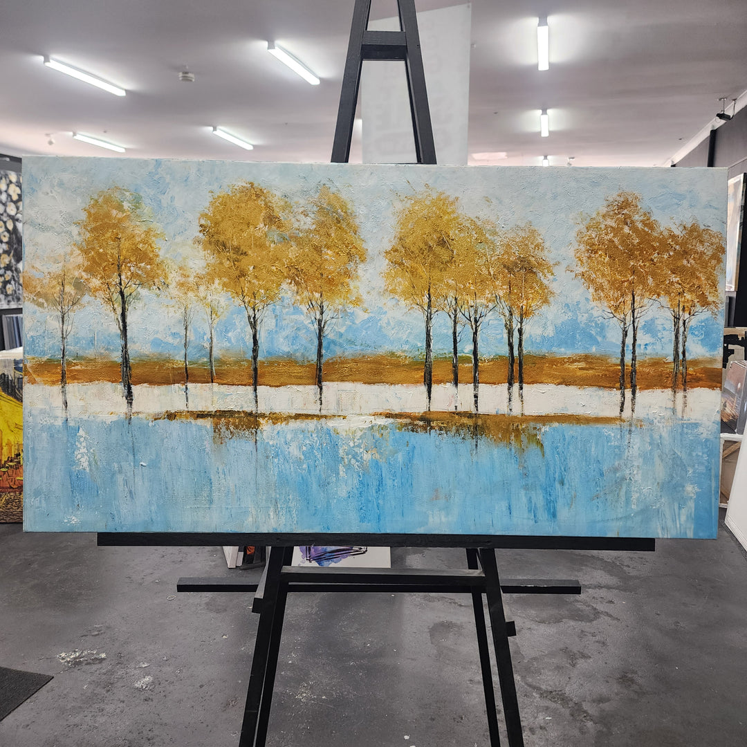 Golden Reflections: Serene Hand-Painted Landscape, Size 80x150