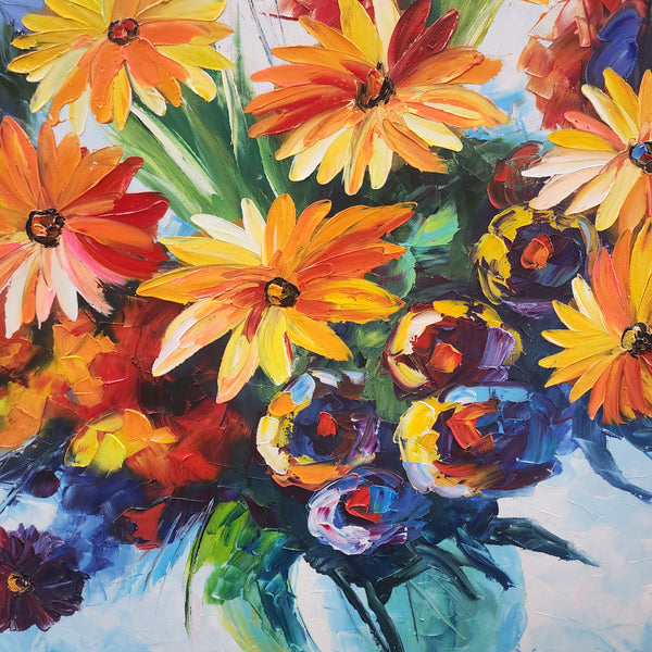 Flowers - Beautiful, Textural Representation of Flowers in a Vase amid a Cool Blue Backdrop, Size 90x120cm