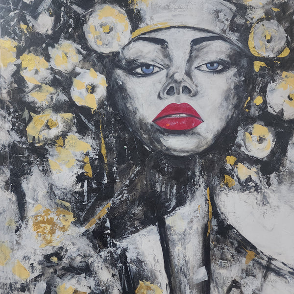 Portrait and Gold Petals - Gorgeous Large Scale Portrait of a Woman Adorned with Flowers, Embellished with Gold Leaf, Size 120x150cm