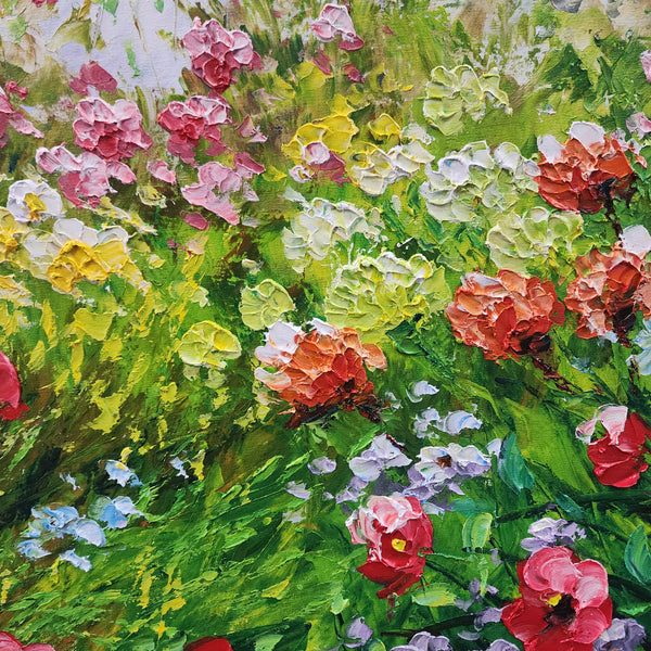 Flower Garden - Gorgeous Palette Knife Painting Depicting Thick, Textural Petals on  a Grassy Field, With Popping Colours, Size 70x150cm