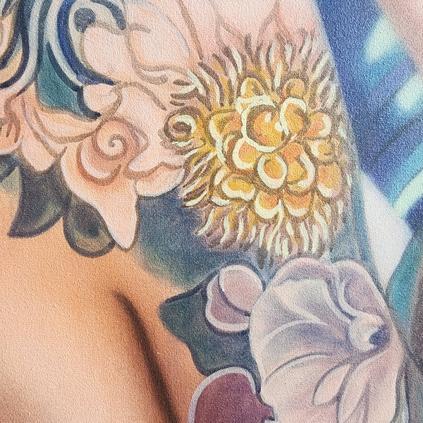 Rebellious Beauty - Exquisitely Painted, Highly Detailed Portrait of a Woman Endowed in Intricate Tattoos and Surrounded by Floral Forms, Size 100x150cm