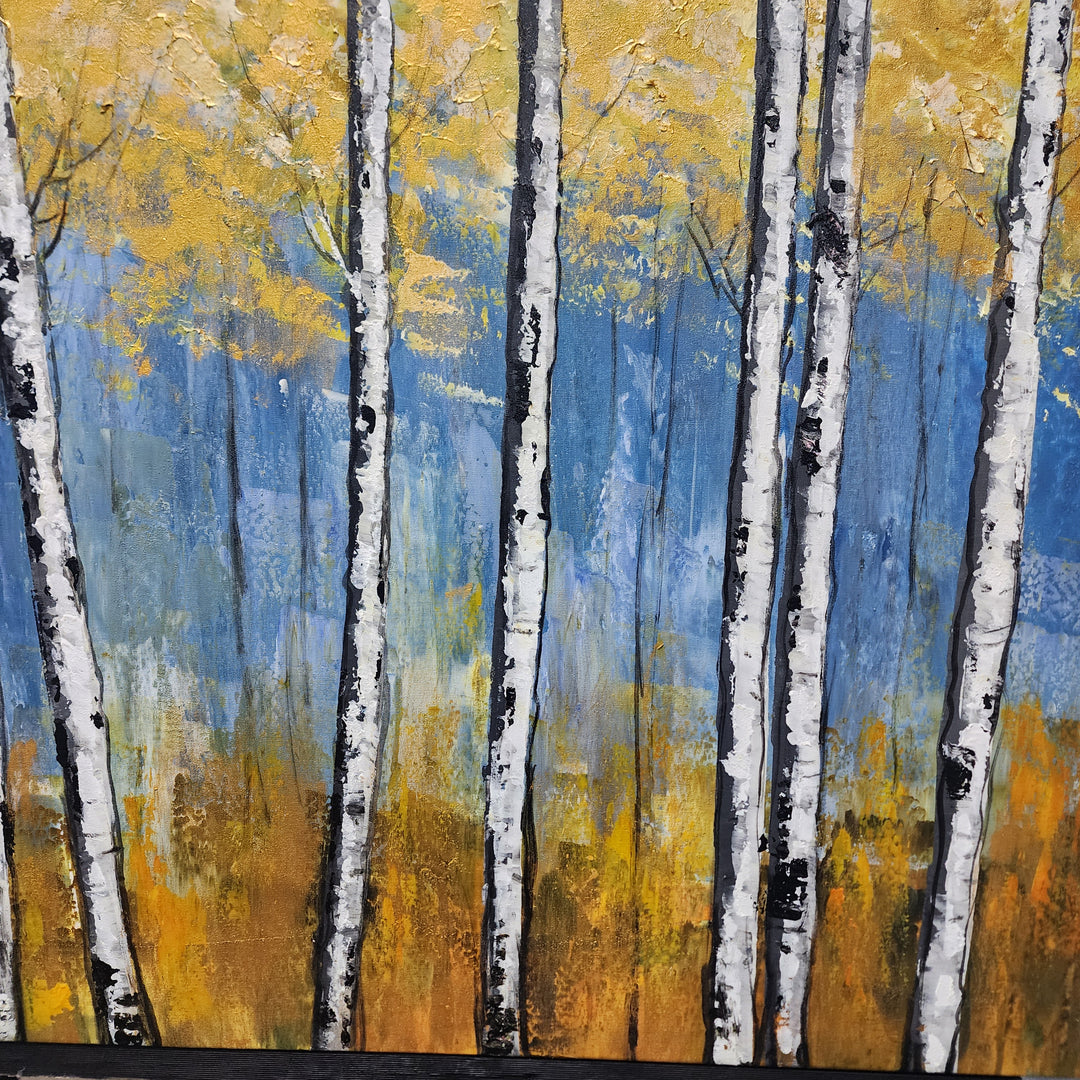 Golden Birch Serenity: Hand-Painted Textured Forest, Size 80x150