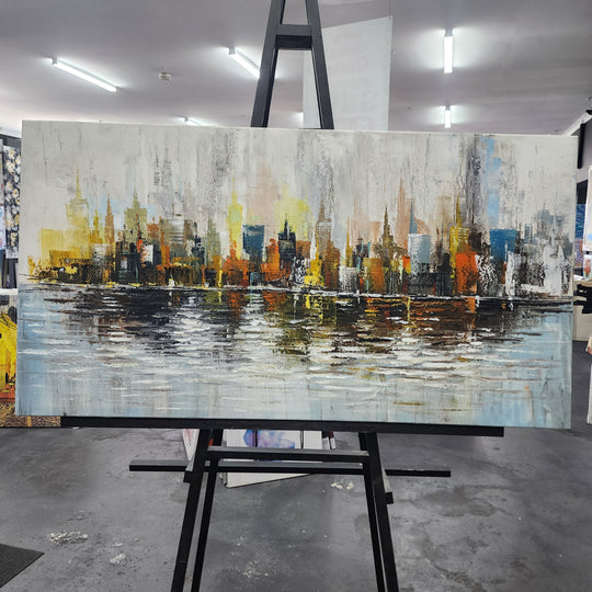 City Lights Reflections: Hand-Painted Urban Skyline, 80x150