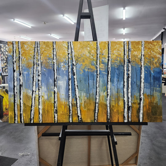 Golden Birch Serenity: Hand-Painted Textured Forest, Size 80x150