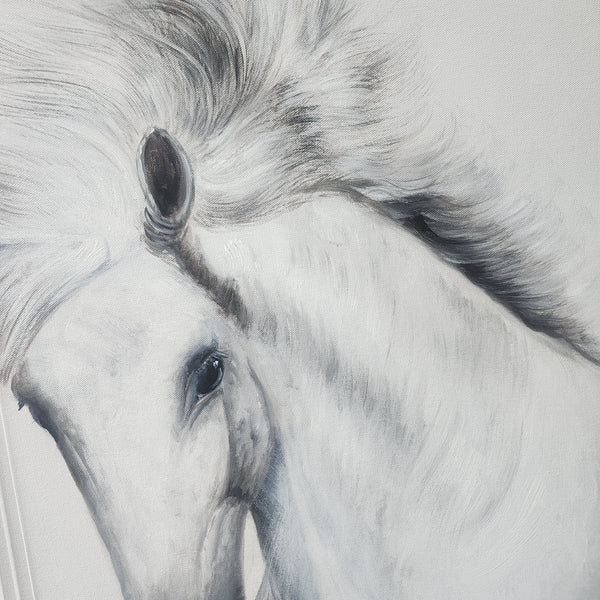 Equines - Stunning, Highly Detailed Portraits of White Horses, Set of Two Oil Paintings finished in a Black Frame, Size 90x90cm Each