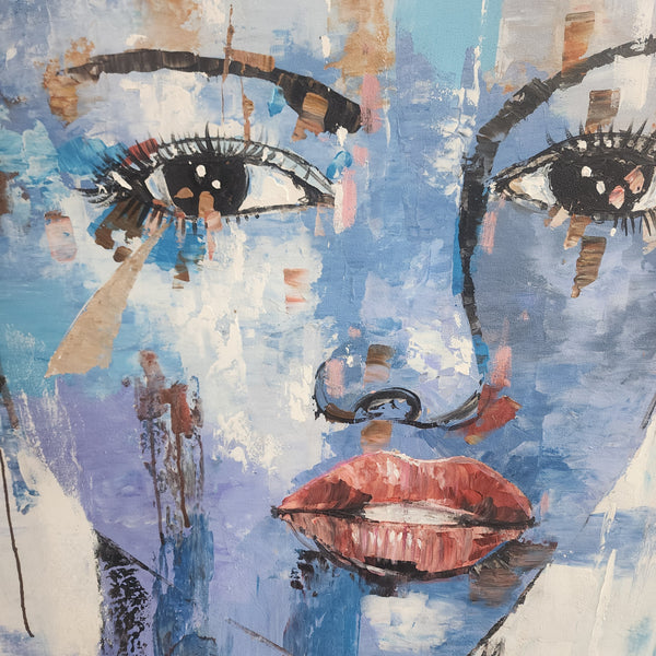 Face of Blue and Gold - Beautiful, Stylized Portrait of a Woman's Face with lovely Impressionistic Details, Size 100x100cm