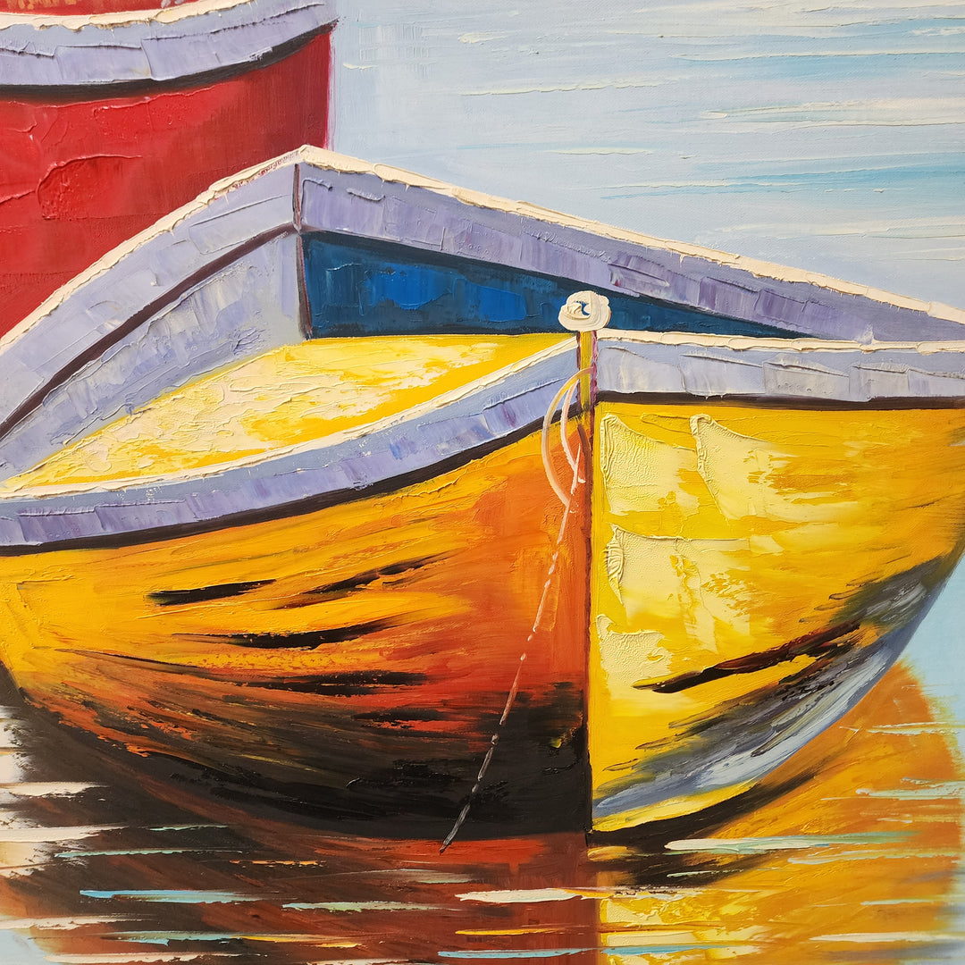 Two Boats - Stunning, Textural Palette Knife Painting of a Red and Yellow Boat in a Lake, finished with an Oak Coloured Shadow Frame - AC723-100x130