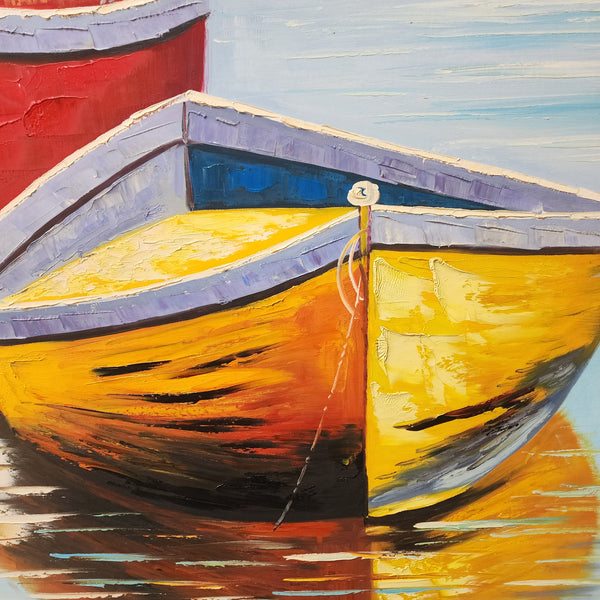 Two Boats - Stunning, Textural Palette Knife Painting of a Red and Yellow Boat in a Lake, Size 100x130cm, finished with an Oak Coloured Shadow Frame