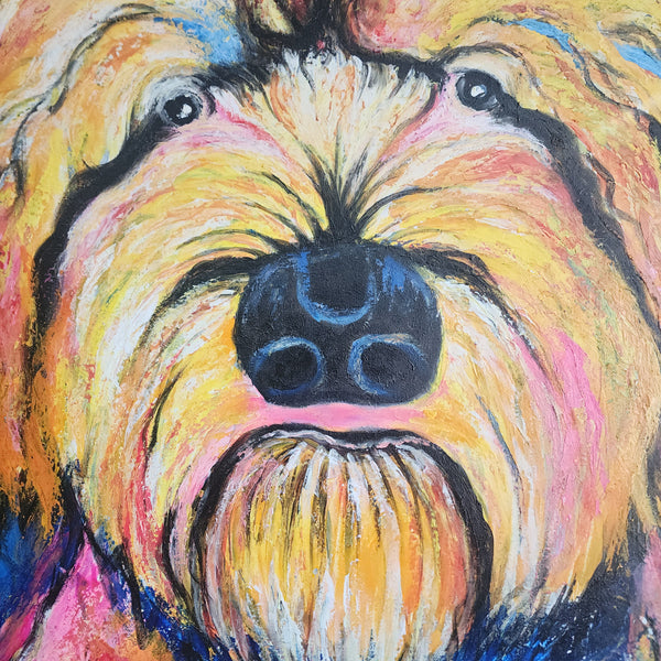 Doggy Stare - Quirky Stylized Portrait of a Dog in a Bold, Colourful, Textural Painterly Style. Size 100x120cm