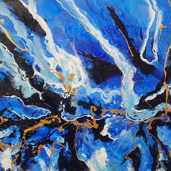 Blue Vigour - Striking Modern Abstract, Large Scale Modern Artwork featuring Blue, black and White Tones, Size 120x180cm