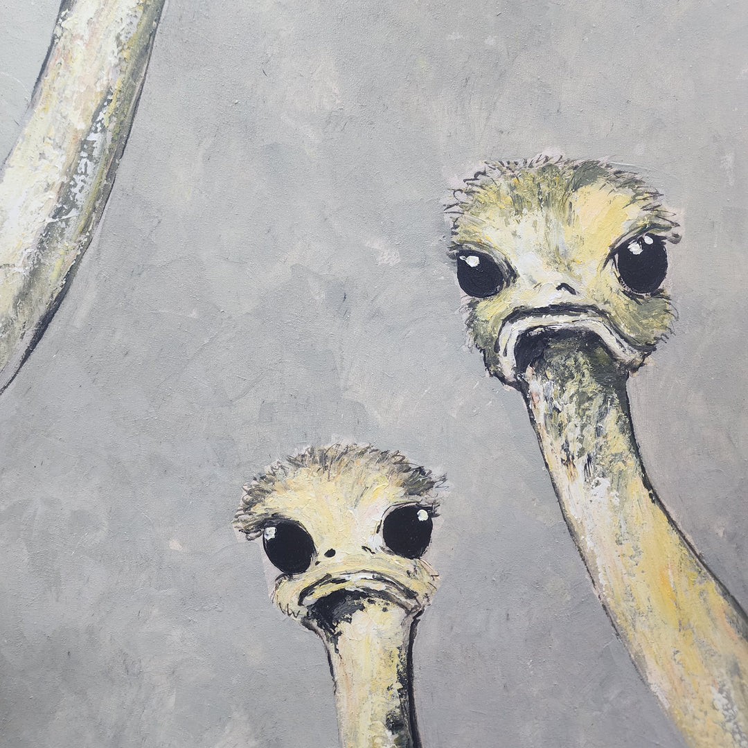 Three Curious Ostrich - Whimiscal Portrait of Three Ostrich Looking Attentively toward the Viewer, Size 100x120cm