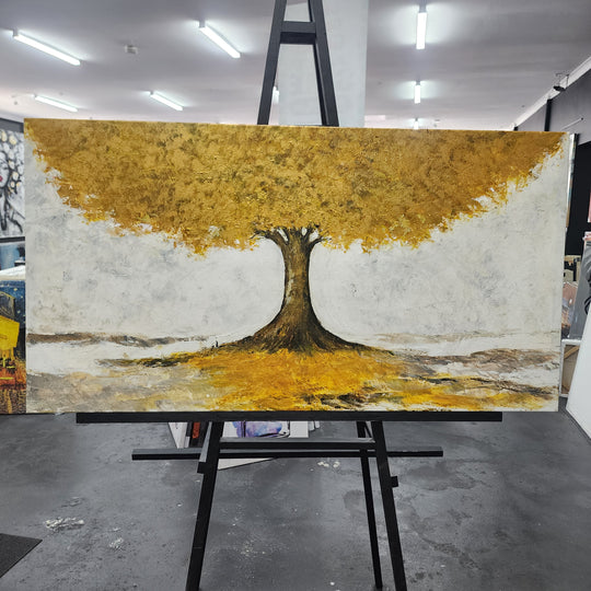 Majestic Harmony: Hand-Painted Golden Tree Artwork, Size 80x150cm