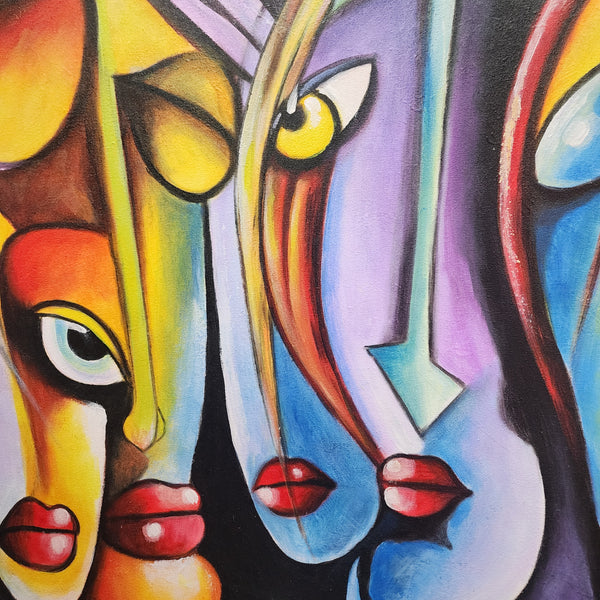 Shapes and Faces - Whimsical, Quirky Depiction of Stylized People's Faces in Bright, Bold Colours, Size 100x120cm