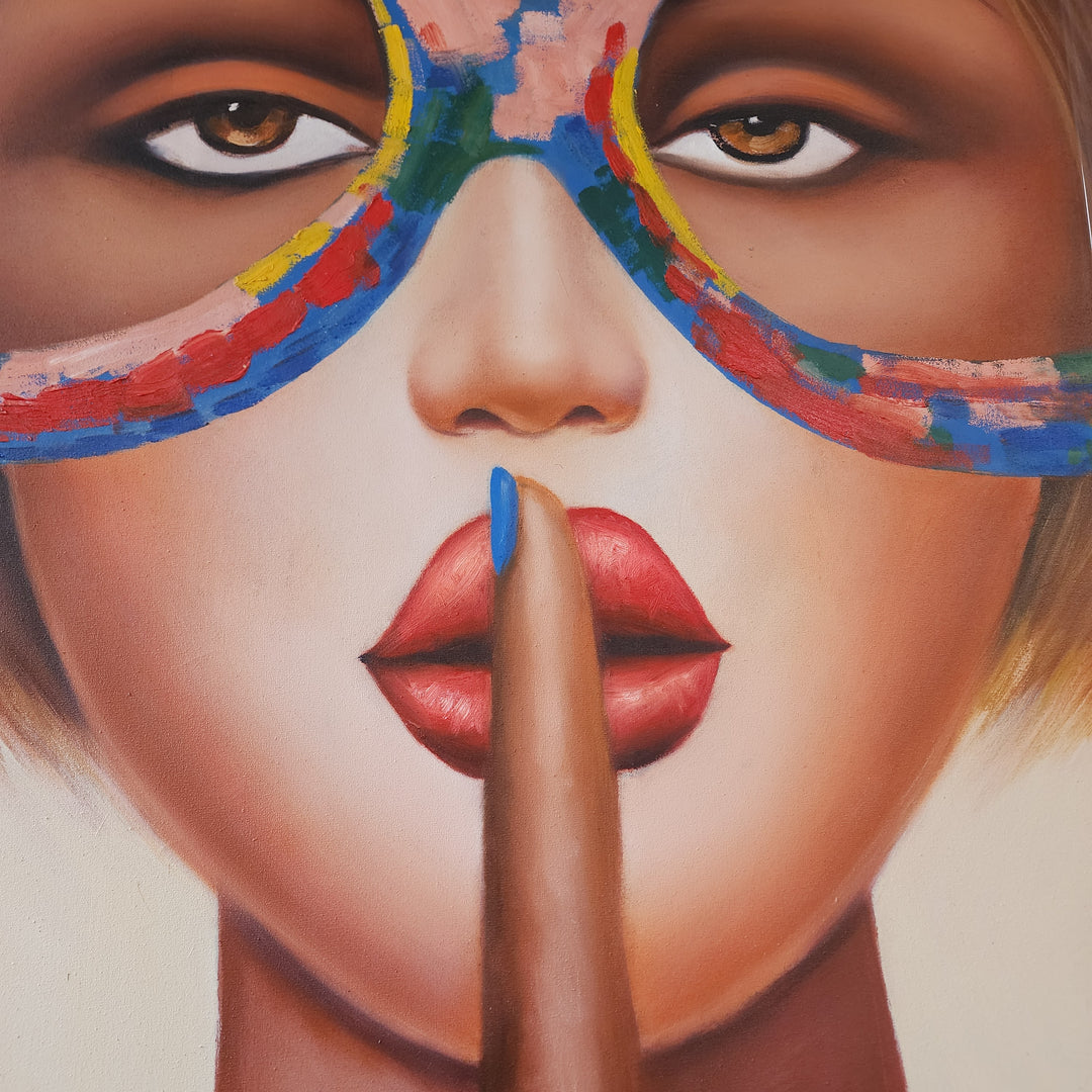 Silent Glance - Quirky Portrait of a Woman with Finger Held to Lips in a Silencing Gesture, Size 100x120cm