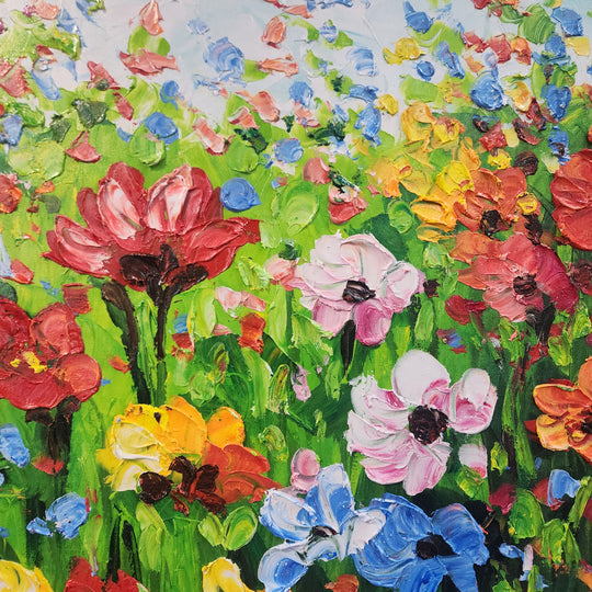 Field of Flowers - Showpiece Painting Depicting a Multitude of Colourful Flowers in a Field of Grass, Featuring Heavy Texture and Vivid Colours Size 100x200cm