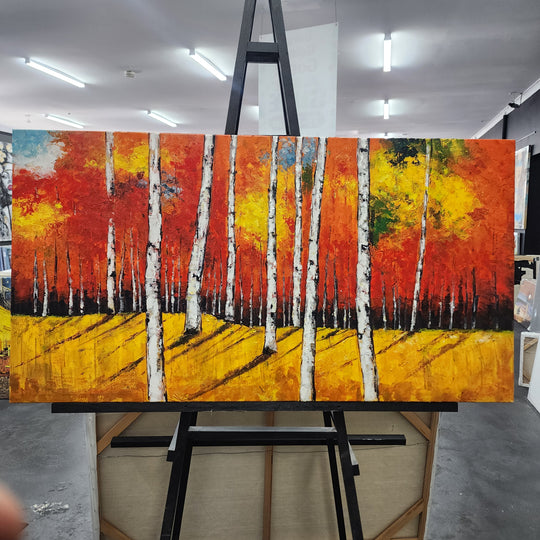 Autumn Radiance: Hand-Painted Birch Forest, Size 80x150