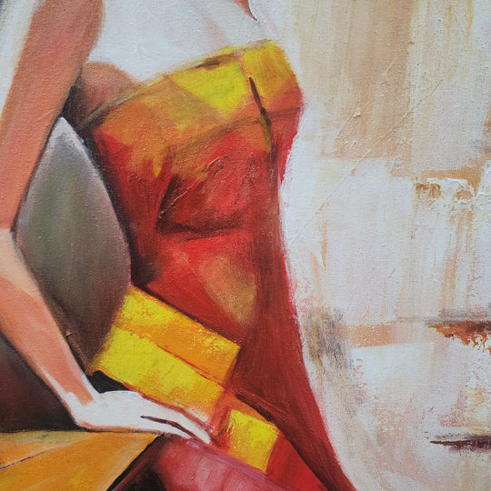 The Flamenco Dancer - Stunning Detailed Oil Painting Depicting a Beautiful Dancer in Red Dress, Suspended in Elegance Motion. Size 100x120cm