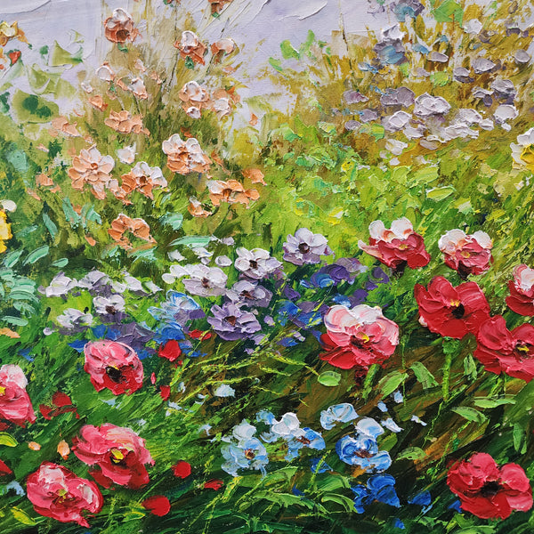 Flower Garden - Gorgeous Palette Knife Painting Depicting Thick, Textural Petals on  a Grassy Field, With Popping Colours, Size 70x150cm