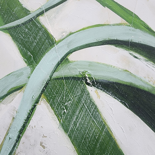 Glimpse of Exotic - Lovely Hand Painted Depiction of Tropical Green Leaves on a Neutral White Background, Finished with an Oak Frame, Size 90x120cm