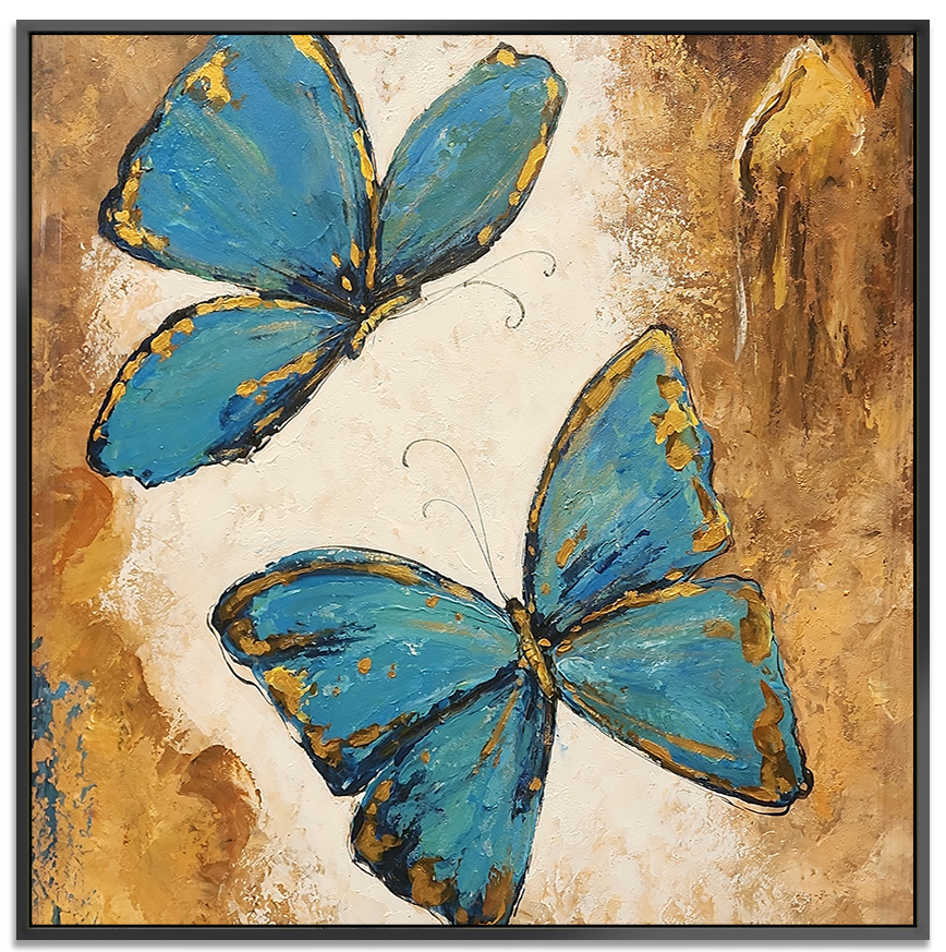 Teal Wings - Beautiful Stylized Abstract Depiction of two Butterflies, size 100x100cm