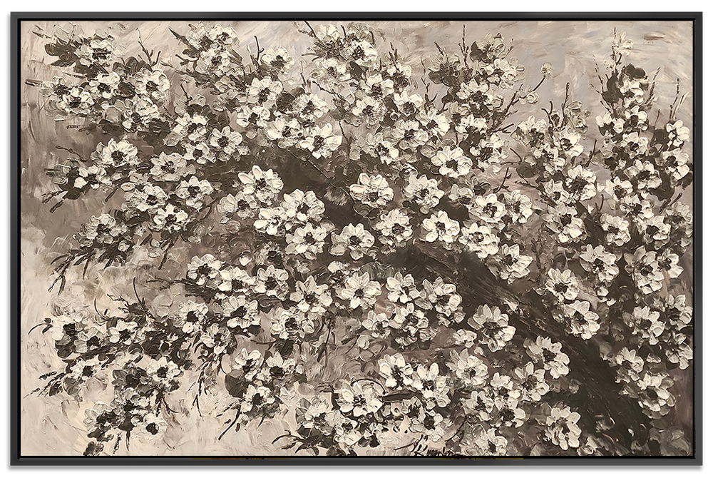 Blossom Branch - Beautiful, Black and White Floral Themed Oil Painting, Featuring a Thick Textural Style