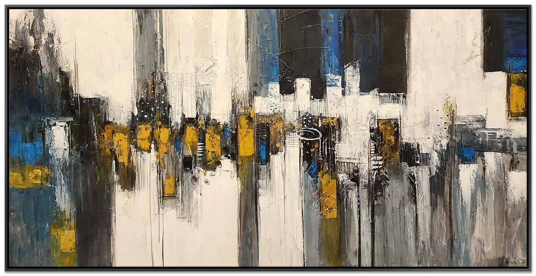 The Converging Ether - Striking Modern Abstract featuring dark blues and Gold Accents, size 100x200cm