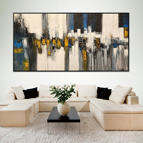 The Converging Ether - Striking Modern Abstract featuring dark blues and Gold Accents, size 100x200cm