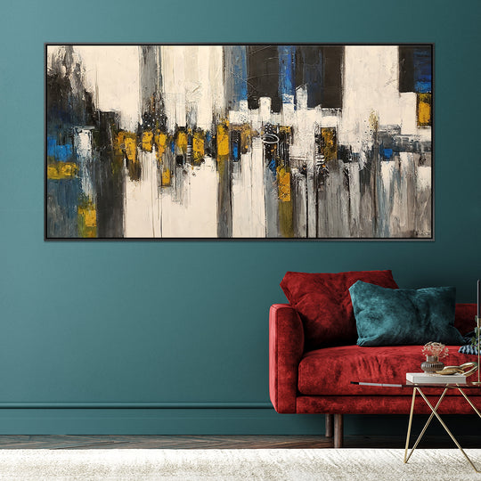 The Converging Ether - Striking Modern Abstract featuring dark blues and Gold Accents, size 100x200cm