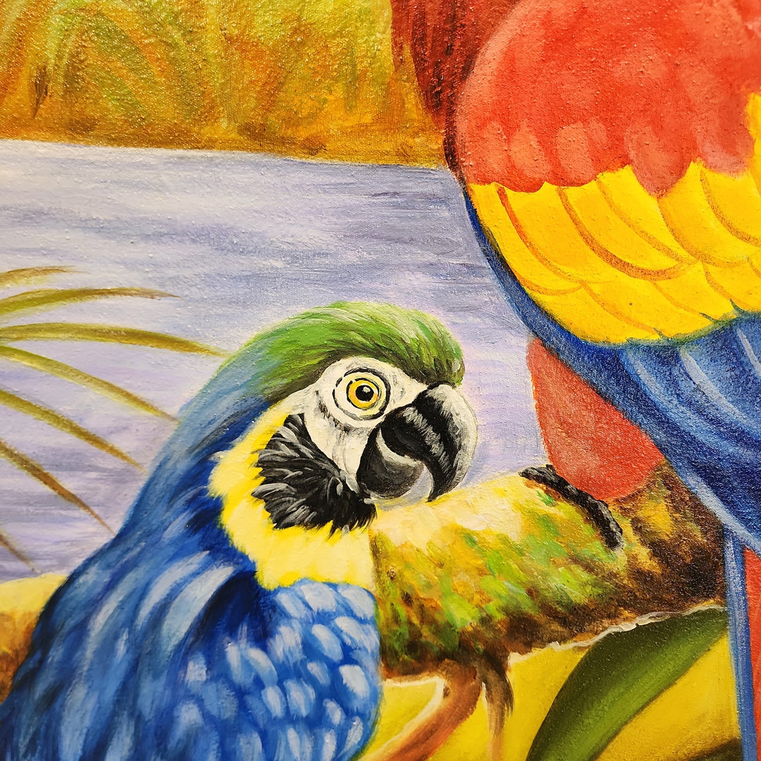 The Jungle's Eyes - Highly Detailed Oil Painting Featuring Colourful Parrots