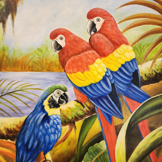 The Jungle's Eyes - Highly Detailed Oil Painting Featuring Colourful Parrots