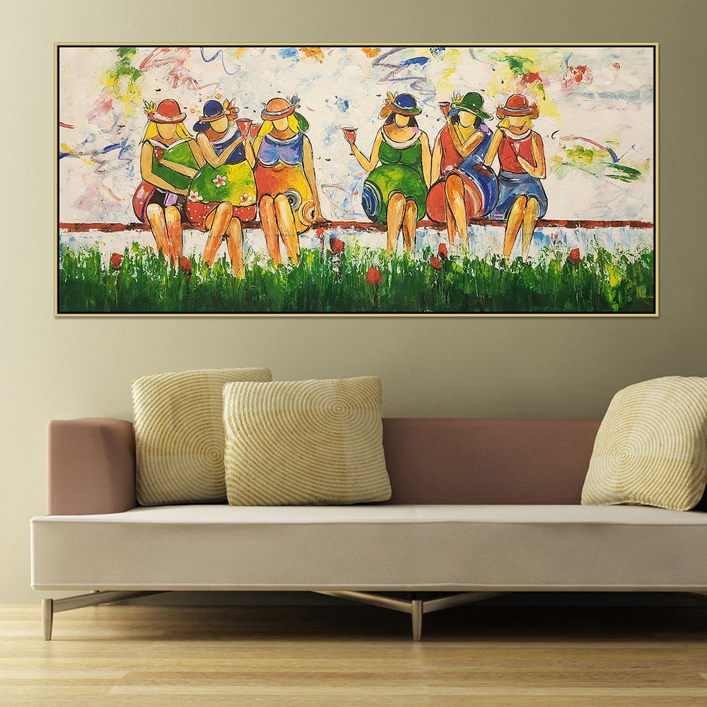 Outdoor Fun - Highly Textural, Stylized Depiction of Ladies sitting on a Bench, Size 80x170cm