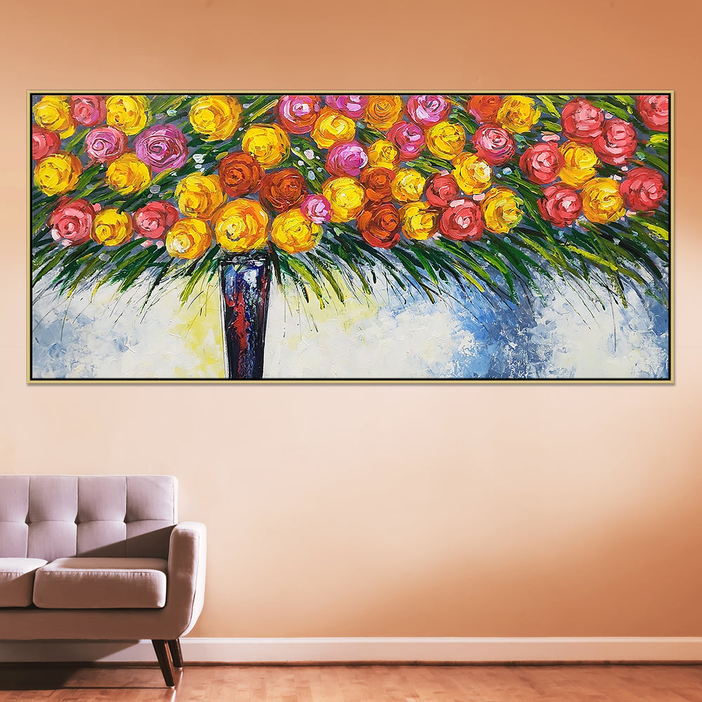 Bouquet - Stunning, Brightly Coloured Palette Knife Painting Depicting Many Flowers in a Vase