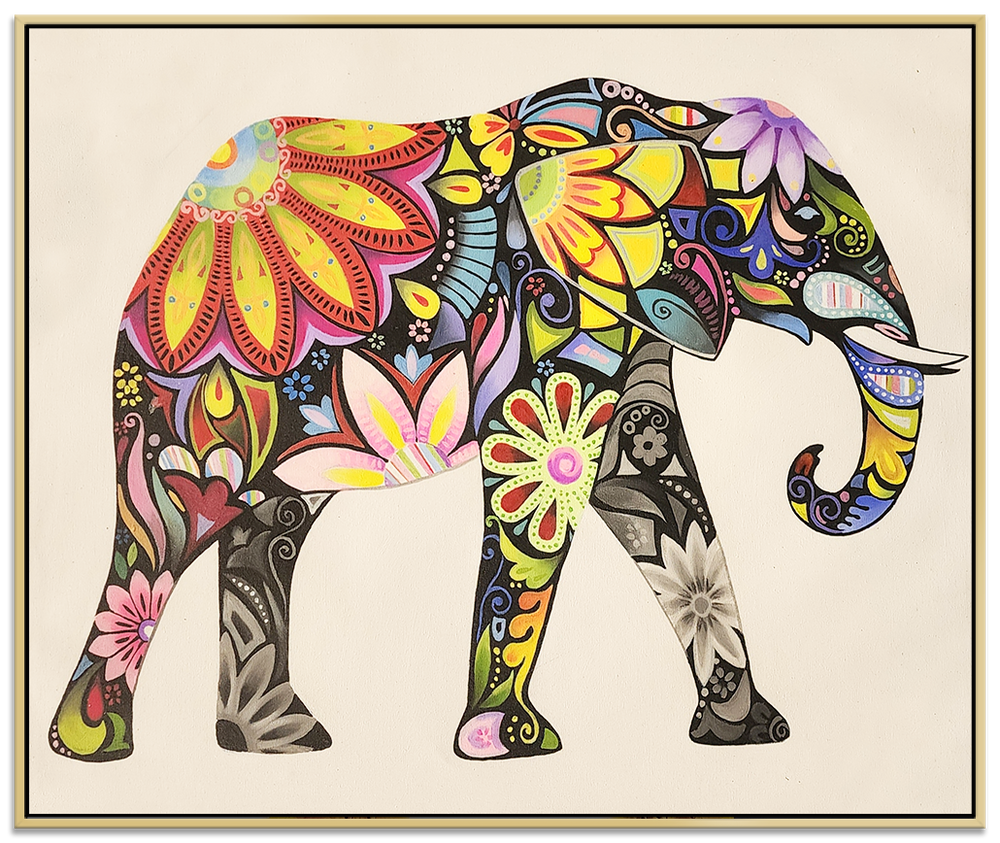 An Ornamental Elephant - Stylized Colourful Elephant Shadow Framed Oil Painting 80x100cm