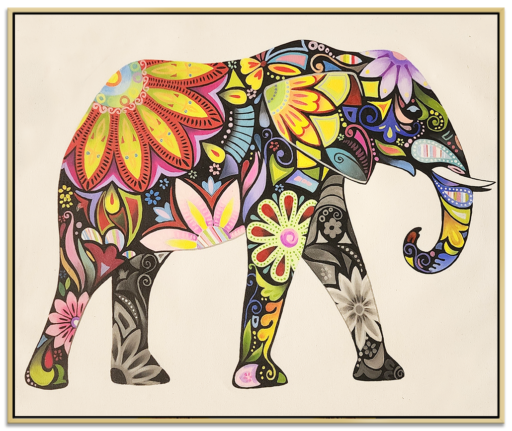 An Ornamental Elephant - Stylized Colourful Elephant Shadow Framed Oil Painting 80x100cm