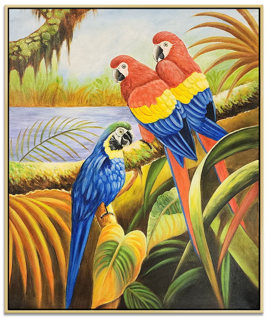 The Jungle's Eyes - Highly Detailed Oil Painting Featuring Colourful Parrots