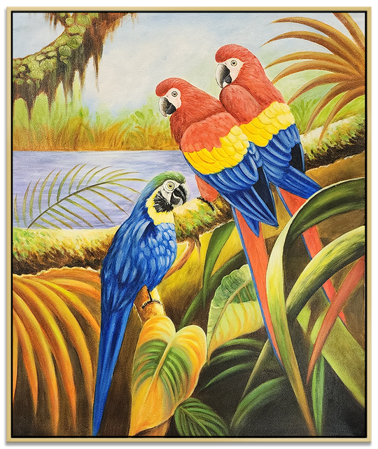 The Jungle's Eyes - Highly Detailed Oil Painting Featuring Colourful Parrots