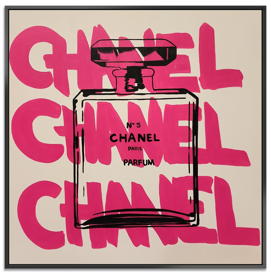 Chanel - Modern Pop Art Featuring the Iconic Chanel Logo and Bottle, Size 100x100cm and finished with a Black Shadow Frame