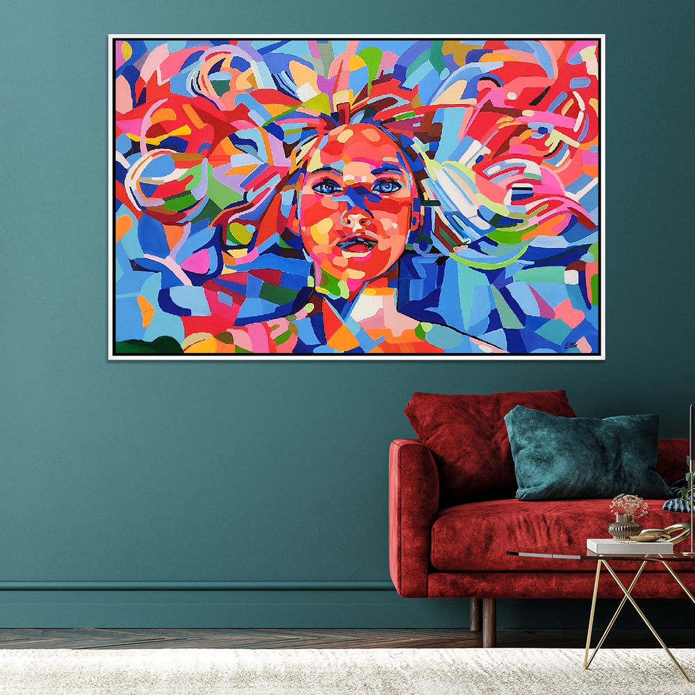 Bewildered Beauty - Colourful Modern Abstract Pop Art Featuring a beautiful Young Woman, Size 90x140cm