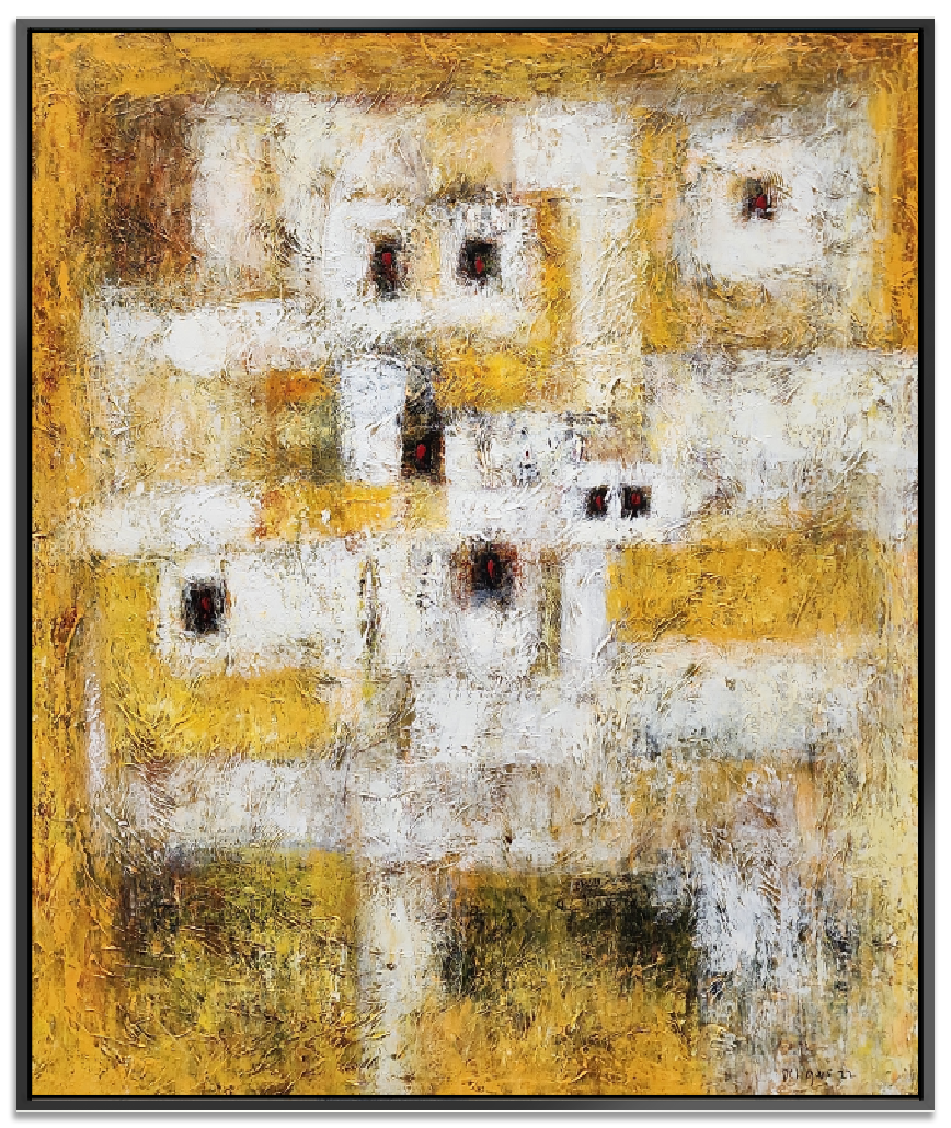 Field under Faces - Heavily Textural Modern Abstract Art Size 100x120cm, fitted with an Oak Coloured Frame