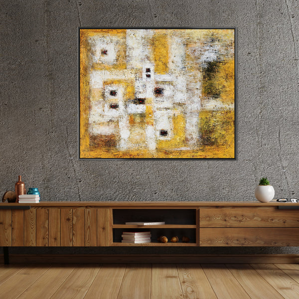 Field under Faces - Heavily Textural Modern Abstract Art Size 100x120cm, fitted with an Oak Coloured Frame