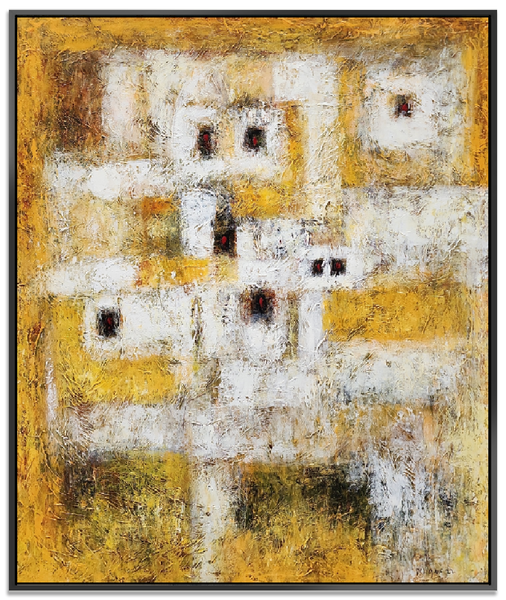 Field under Faces - Heavily Textural Modern Abstract Art Size 100x120cm, fitted with an Oak Coloured Frame