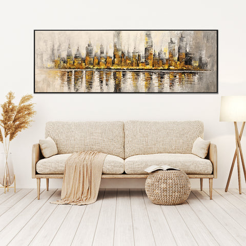 The Golden City - Striking Abstract Artwork Featuring the Impression of a Cityscape in the distance, Size 70x200cm
