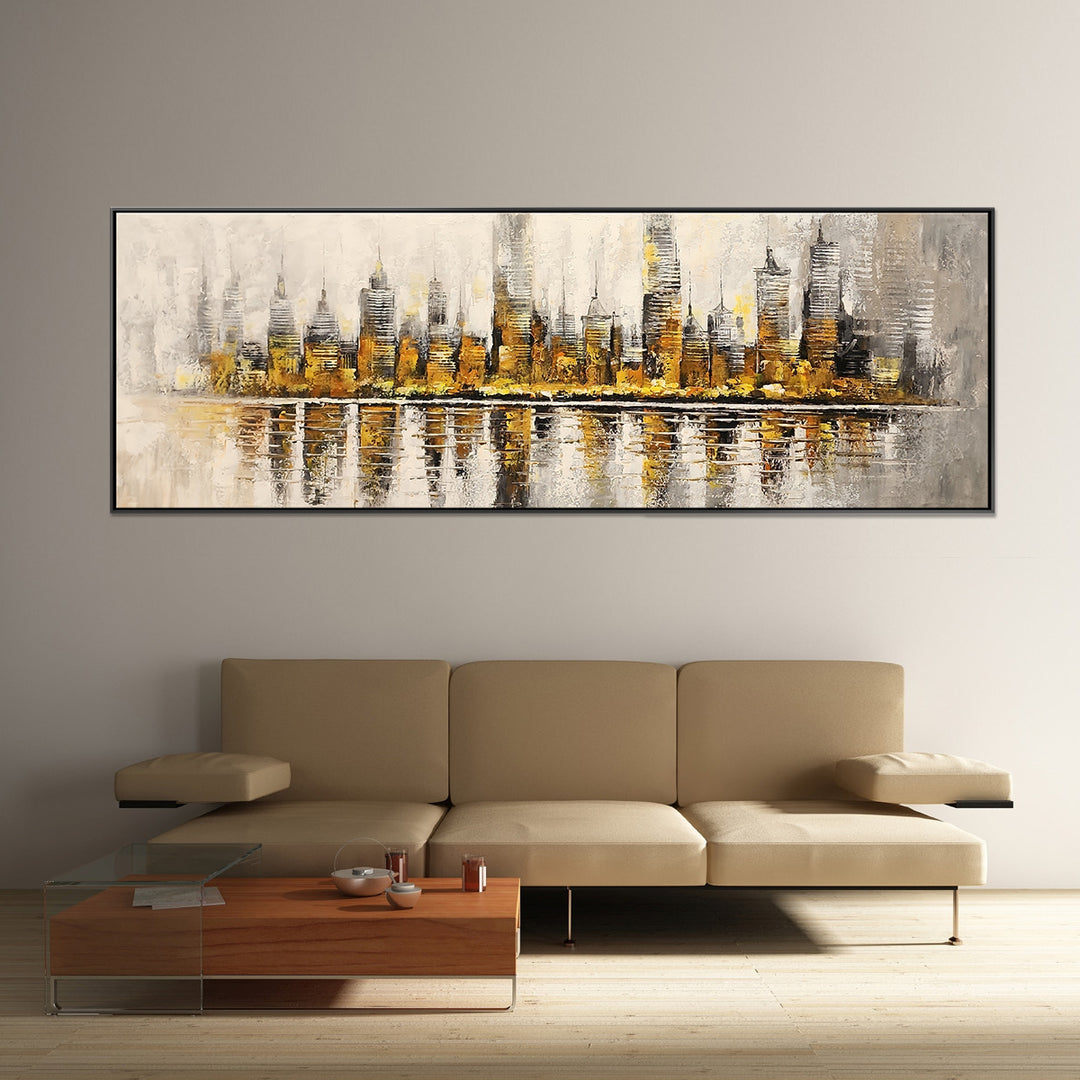 The Golden City - Striking Abstract Artwork Featuring the Impression of a Cityscape in the distance, Size 70x200cm